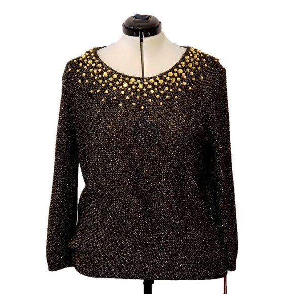 Women's Black Embellished Scoop-Neck Metallic Pullover Sweater by Ruby Rd, SZ XL - Picture 1 of 10